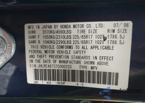 2007 Honda Cr-V Ex-L from USA, damaged, VIN JHLRE48737C000233